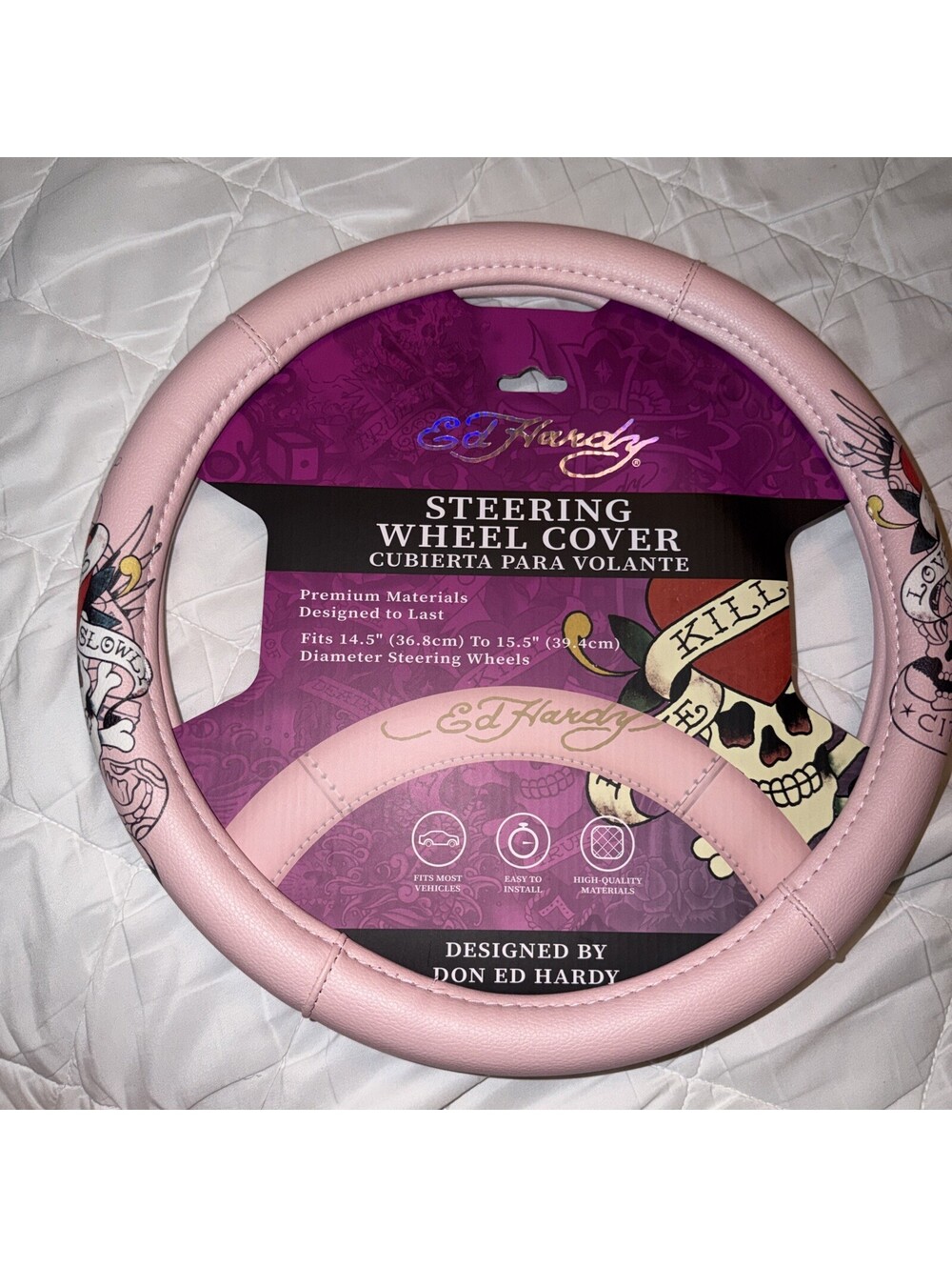 Ed Hardy Pink Faux Leather Steering Wheel Cover Love Kills Slowly Tattoo ~ NEW